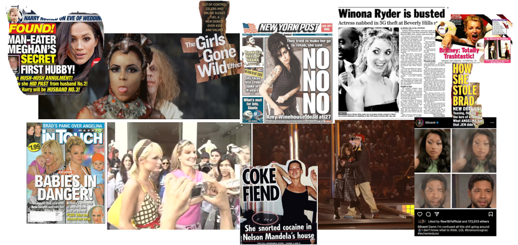 A collage of various gossip magazine headlines and screenshots of significant celebrities of the 2000s. Included women celebrities: Meghan Markle, Aaliyah, Amy Winehouse, Winona Ryder, Britney Spears, Megan Thee Stallion, Kate Moss, Paris Hilton, Kim Kardashian, and Anna Nicole Smith.